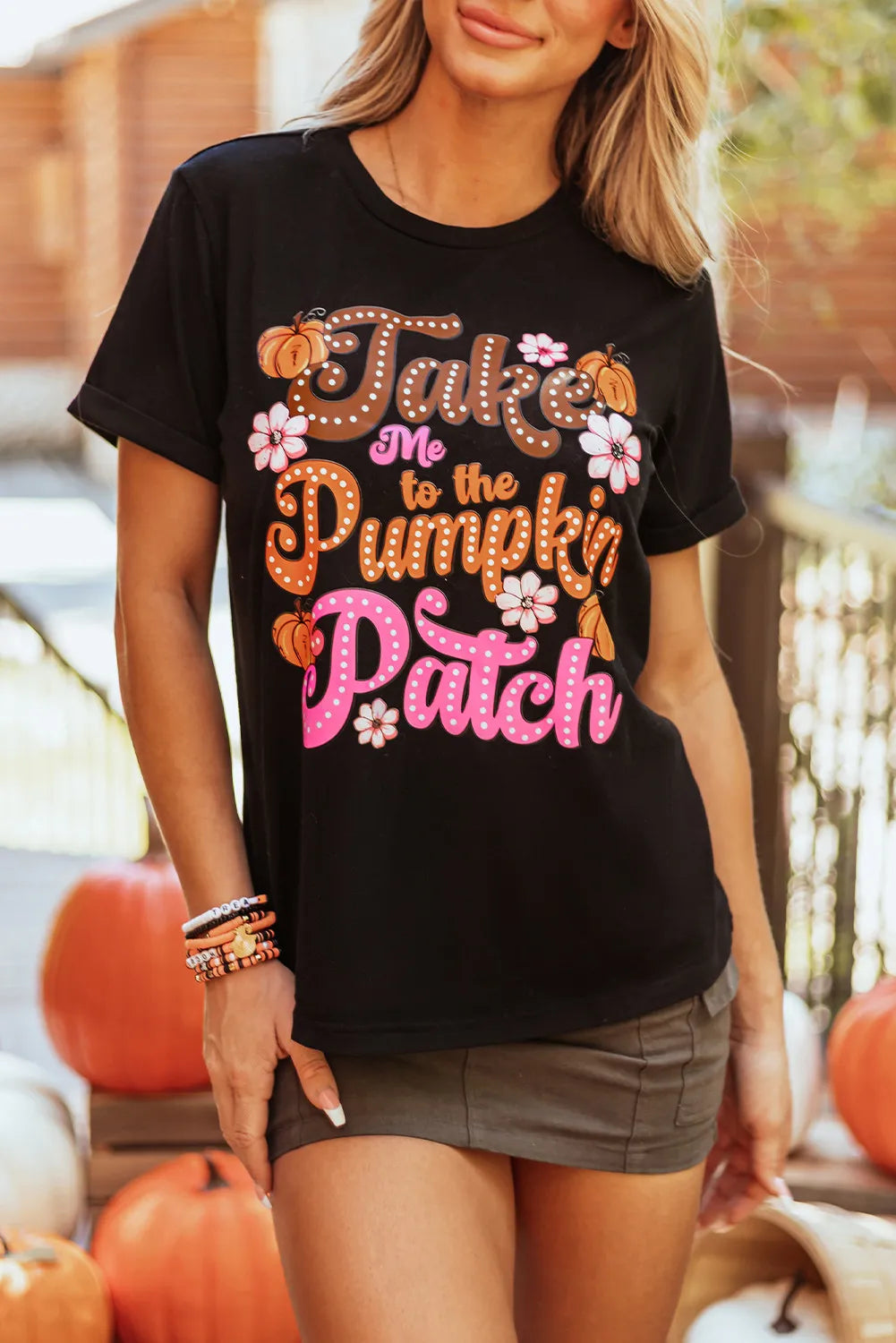 "Take Me To The Pumpkin Patch" Graphic Round-Neck Short-Sleeve T-Shirt - Black - (S-2XL)