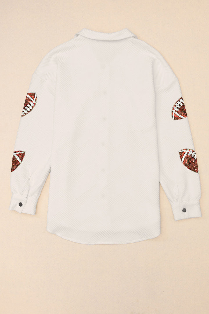 Sequined Football Patch Collared-Neck Snap-Button Jacket - White - (XL)