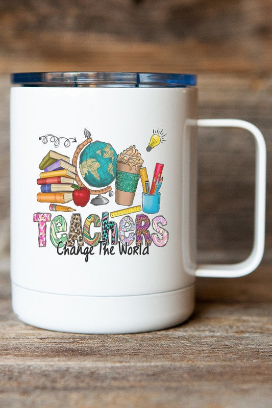 "Teachers Change The World" Graphic 12 oz. Stainless-Steel Travel Mug With Lid