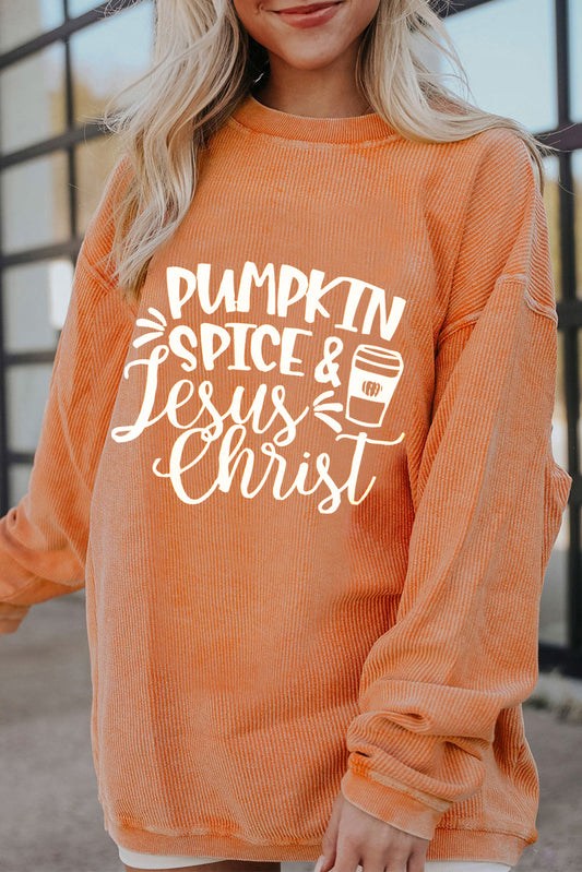"Pumpkin Spice & Jesus Christ" Graphic Round-Neck Long-Sleeve Oversize Sweatshirt - (S-2XL)