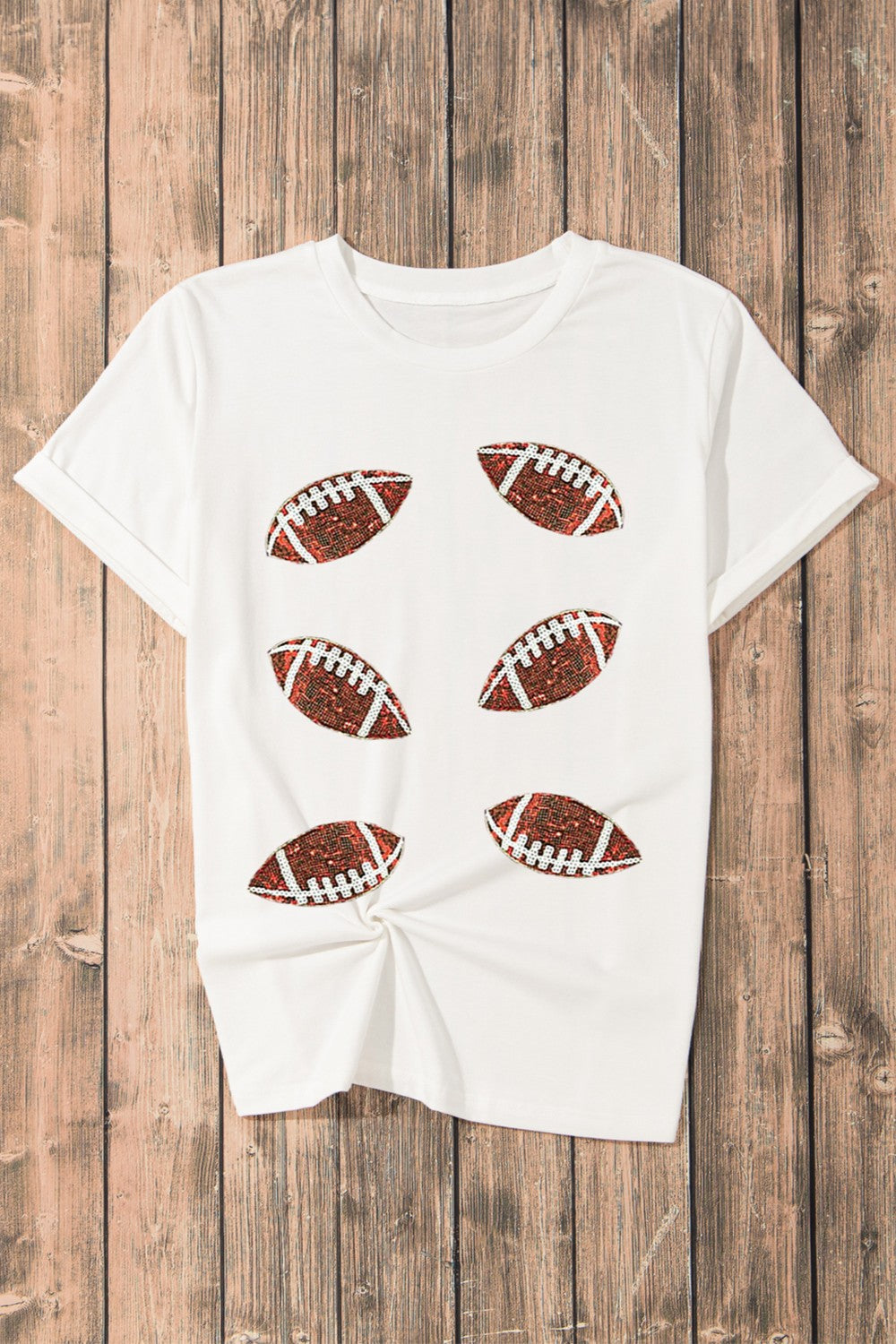 Sequined Football Detail Round-Neck Short-Sleeve T-Shirt - White - (S-2XL)