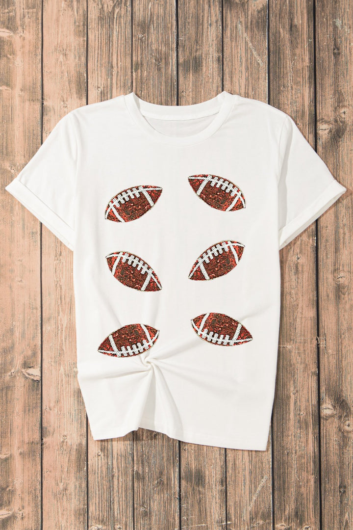 Sequined Football Detail Round-Neck Short-Sleeve T-Shirt - White - (S-2XL)