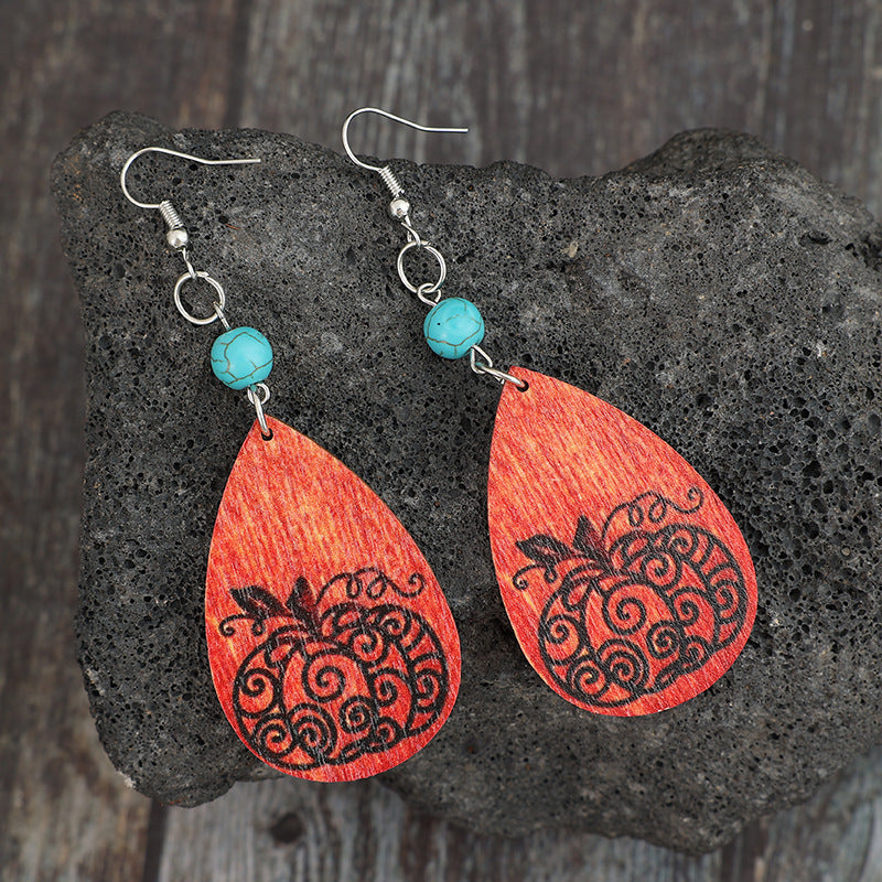 Turquoise-Stone Wooden-Pumpkin Teardrop Earrings