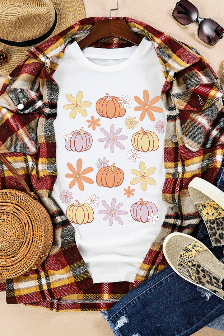 Multi-Color Pumpkin &amp; Flowers Graphic Round-Neck Short-Sleeve T-Shirt - White - (S-XL)