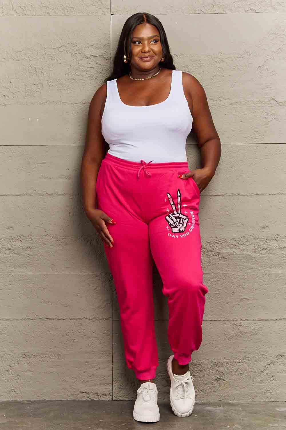 "DAY YOU DESERVE" GRAPHIC DRAWSTRING SWEATPANTS - DEEP ROSE - (S-3XL)