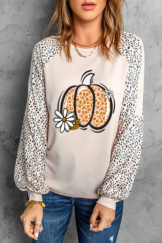 Pumpkin Graphic Animal-Print Round-Neck Long-Sleeve Top - Eggshell - (S-2XL)