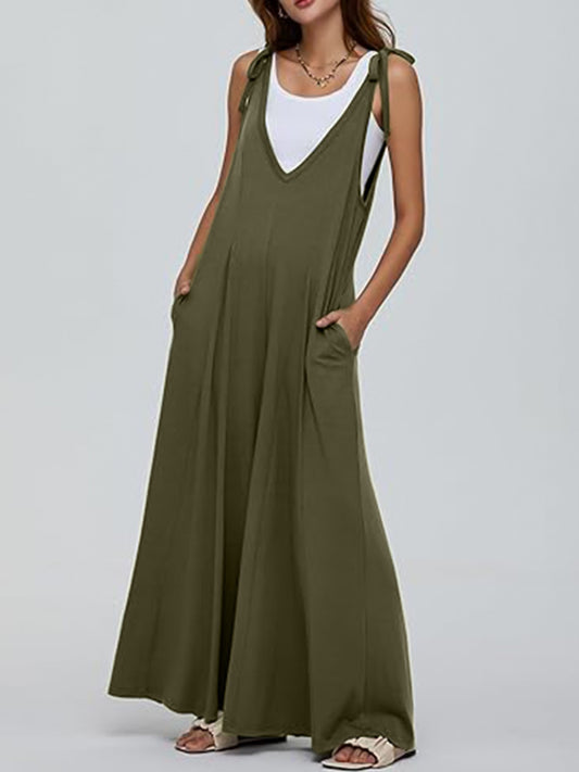 V-Neck Tie-Shoulder Wide-Leg Jumpsuit With Pockets - Army Green - (S-2XL)