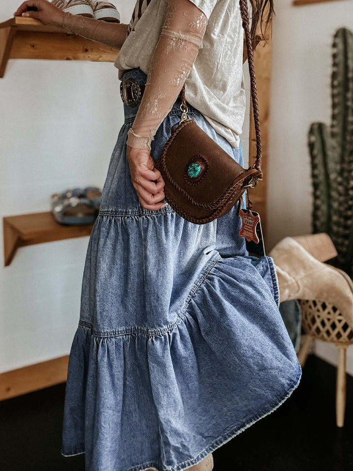 Button-Fly Tiered Maxi Denim Skirt - Medium Color - (S-XL)