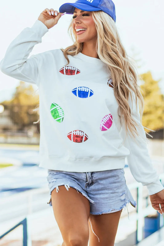Round-Neck Long-Sleeve Sequined-Football Detail Sweatshirt - White - (S-2XL)