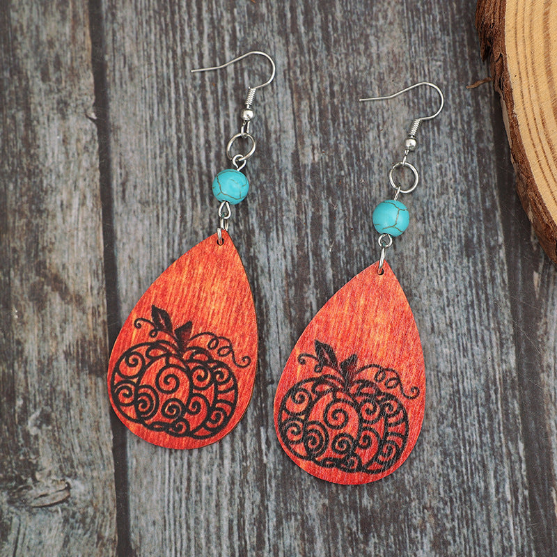 Turquoise-Stone Wooden-Pumpkin Teardrop Earrings