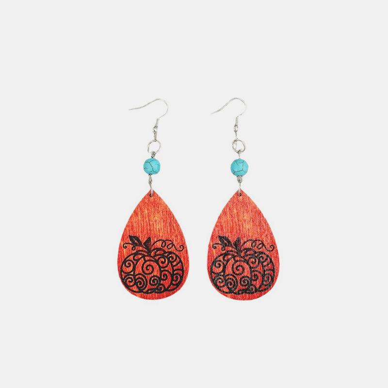 Turquoise-Stone Wooden-Pumpkin Teardrop Earrings