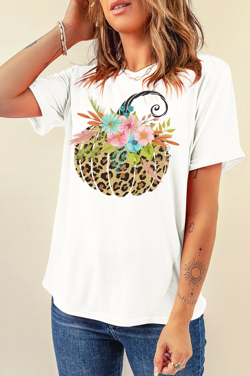 Leopard-Print Floral-Pumpkin Graphic Round-Neck Short-Sleeve T-Shirt - White - (S-2XL)