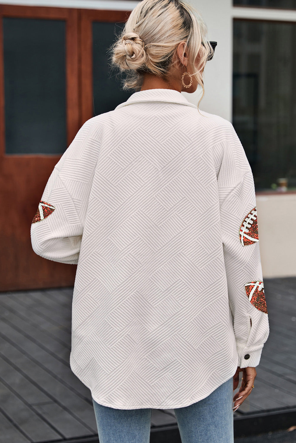 Sequined Football Patch Collared-Neck Snap-Button Jacket - White - (XL)