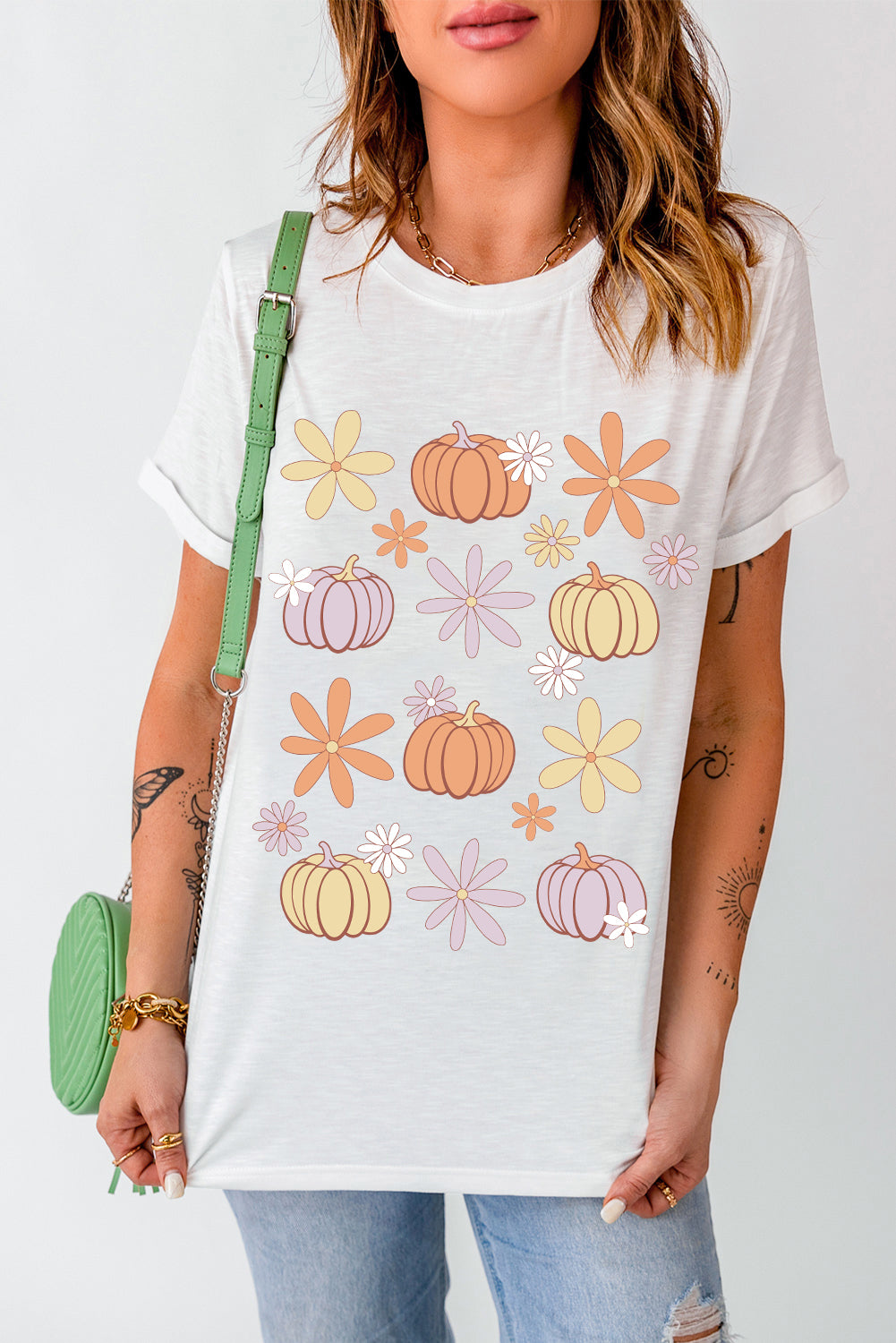 Multi-Color Pumpkin & Flowers Graphic Round-Neck Short-Sleeve T-Shirt - White - (S-XL)