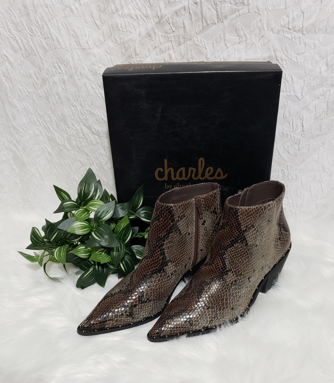 🤎🐍 CHARLES BY CHARLES DAVID Plato Bootie – Dark Brown Snake Print – Size 7.5M 🐍🤎