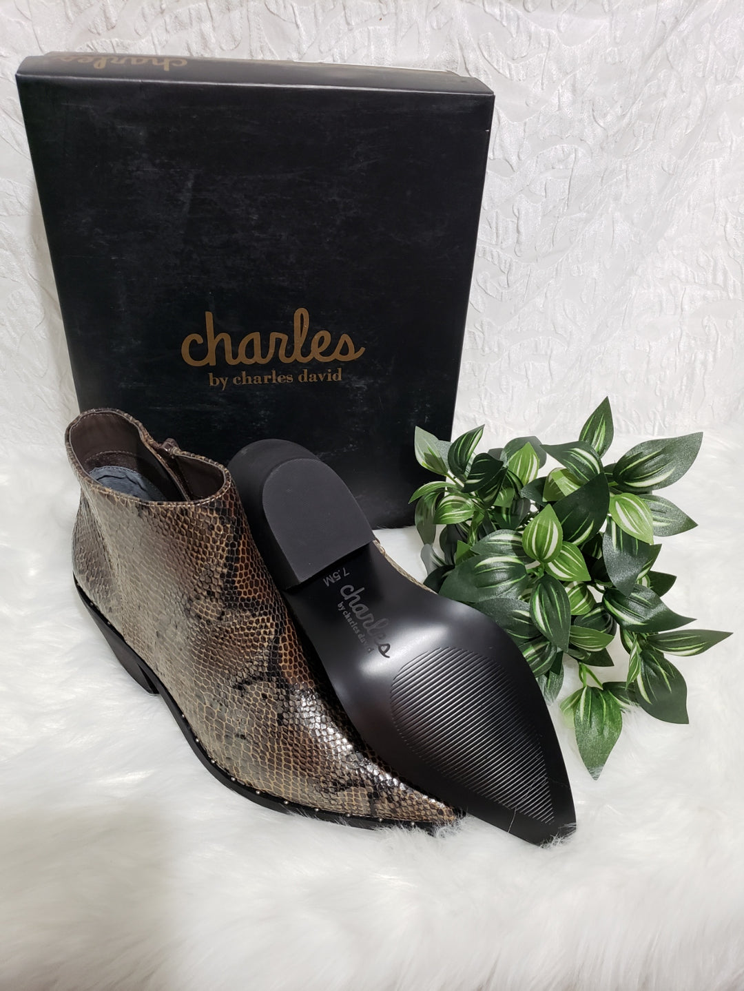 🤎🐍 CHARLES BY CHARLES DAVID Plato Bootie – Dark Brown Snake Print – Size 7.5M 🐍🤎
