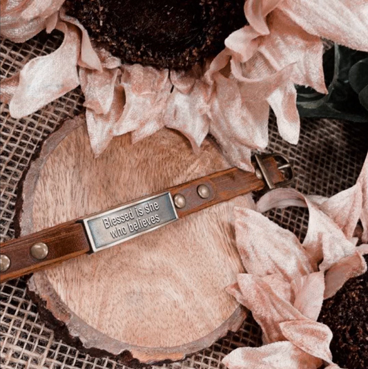 Leather Wristlet: Blessed is She Who Believes