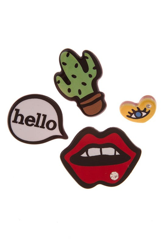 4-PIECE ASSORTED TRENDY ENAMEL PINS SET