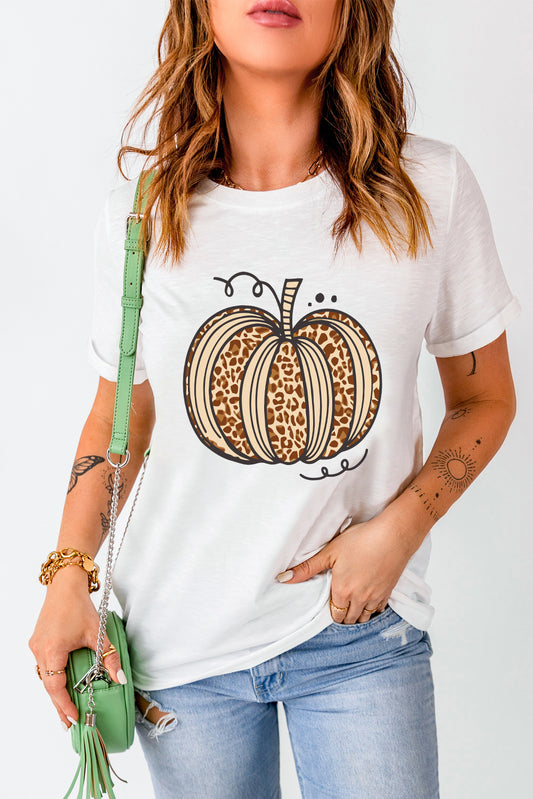 Animal-Print Pumpkin Round-Neck Short-Sleeve T-Shirt - White - (S-2XL)