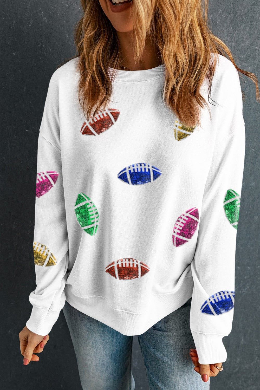 Round-Neck Long-Sleeve Sequined-Football Detail Sweatshirt - White - (S-2XL)