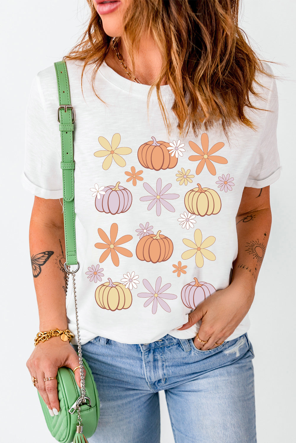 Multi-Color Pumpkin & Flowers Graphic Round-Neck Short-Sleeve T-Shirt - White - (S-XL)