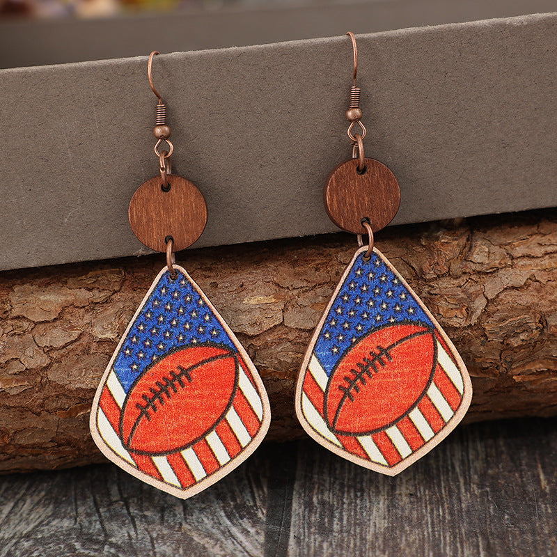 American Flag/Football Printed Wooden Dangle Earrings