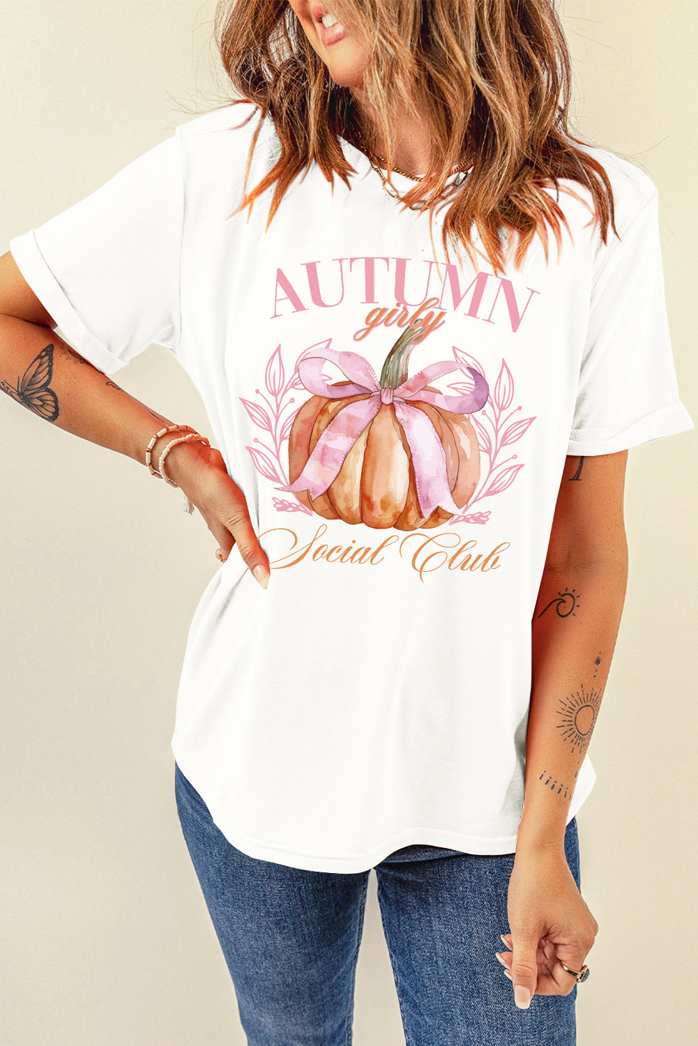 "Autumn Girly Social Club" Pumpkin Graphic Round-Neck Short-Sleeve T-Shirt - White - (S-2XL)