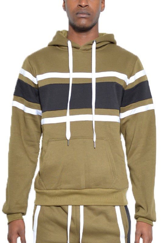 Triple-Striped Solid Pullover Hoodie With Kangaroo Pocket - Multiple Colors - (S-3XL)