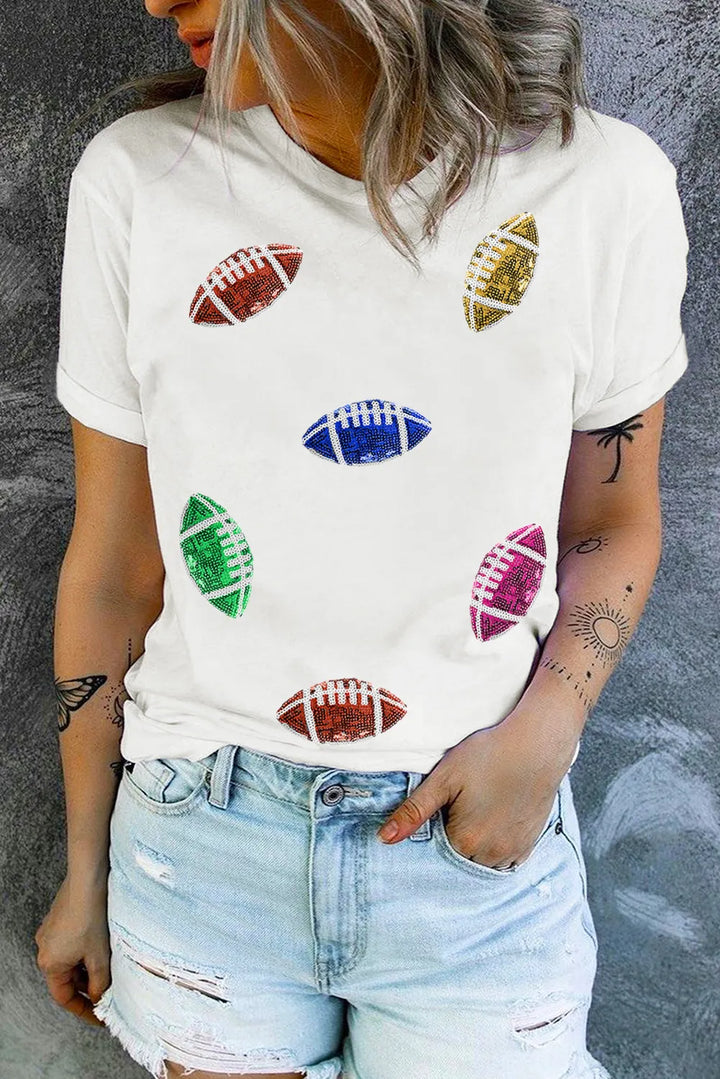 🏈✨ Multi-Colored Sequined Football-Detail Round-Neck Short-Sleeve T-Shirt - White - (S-2XL) ✨🏈