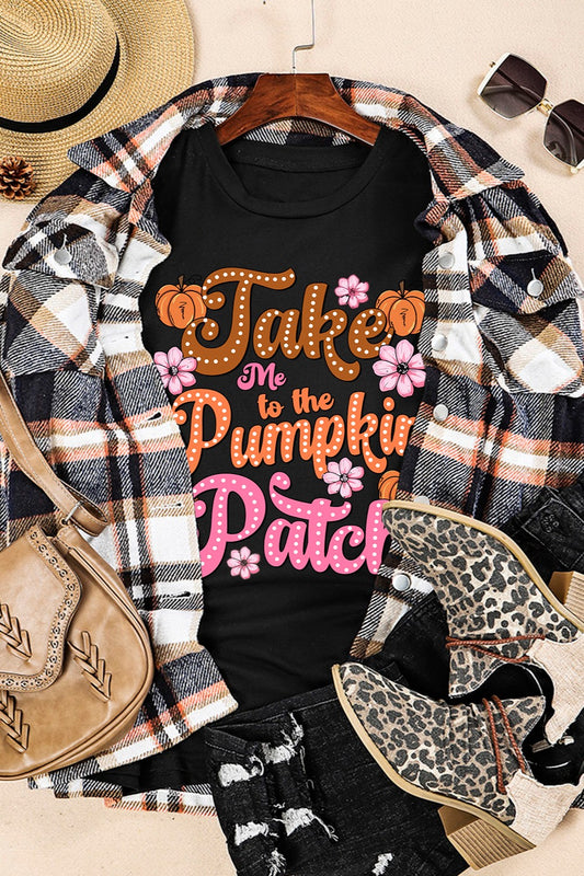 "Take Me To The Pumpkin Patch" Graphic Round-Neck Short-Sleeve T-Shirt - Black - (S-2XL)