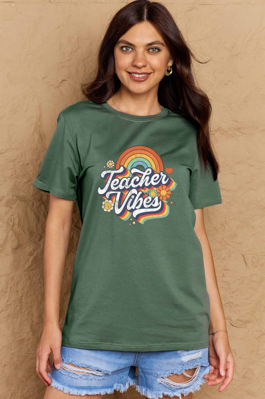 "Teacher Vibes" Graphic Round-Neck Short-Sleeve T-Shirt - Multiple Colors - (S-3XL)