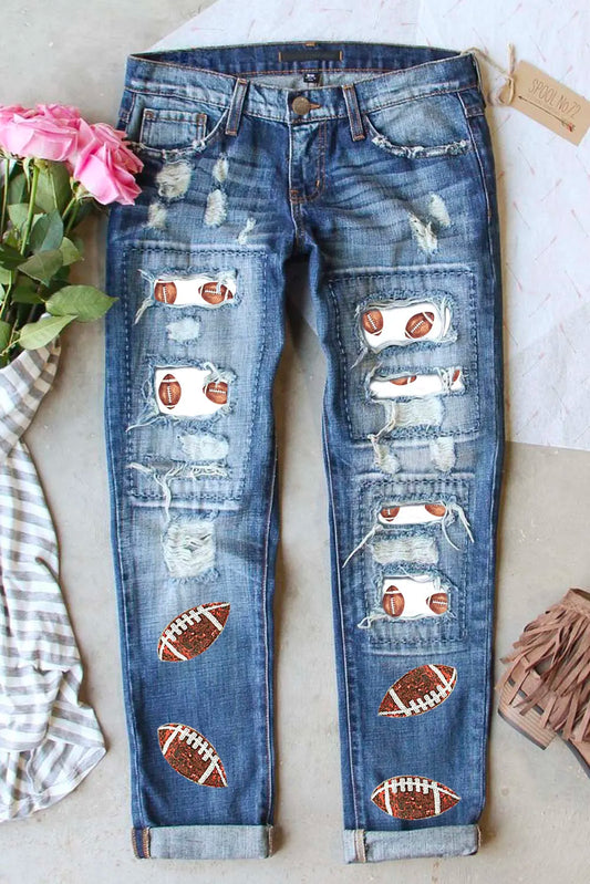 Distressed Football Straight Jeans - Medium Color - (4-18)