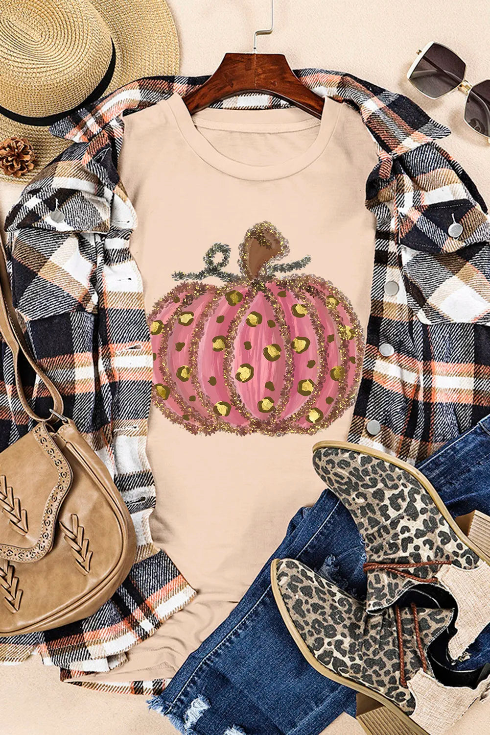 Animal-Print Pumpkin Graphic Round-Neck Short-Sleeve T-Shirt - Tan - (S-2XL)