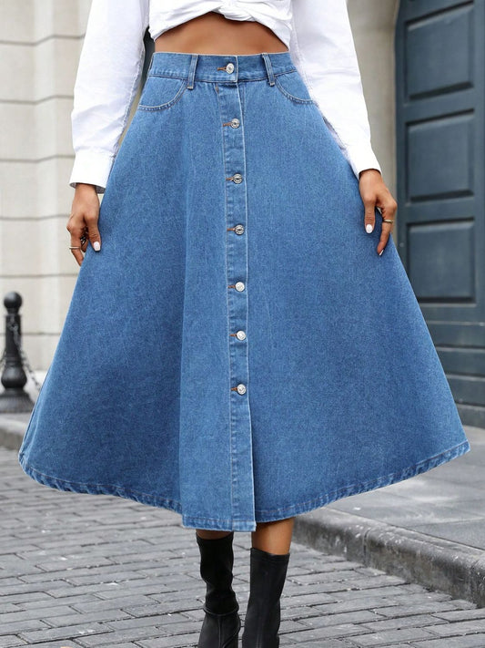 Button-Down Midi Denim Skirt with Pockets - Light Color - (XS-L)