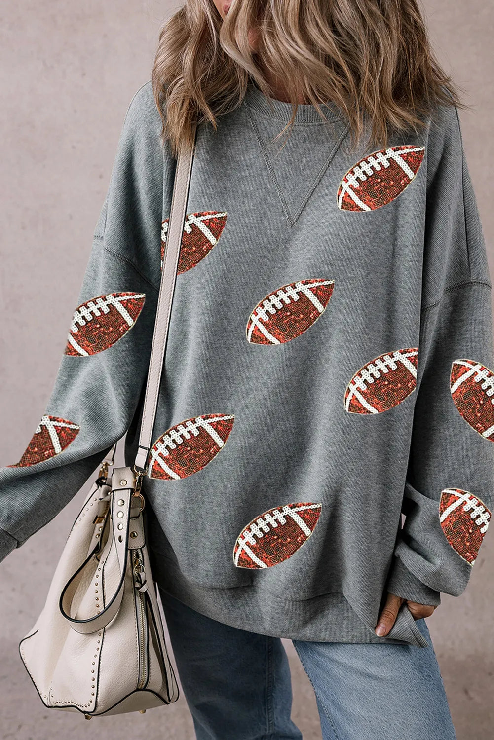 Sequin Football Graphic Round-Neck Long-Sleeve Sweatshirt - Dark Gray - (S-XL)