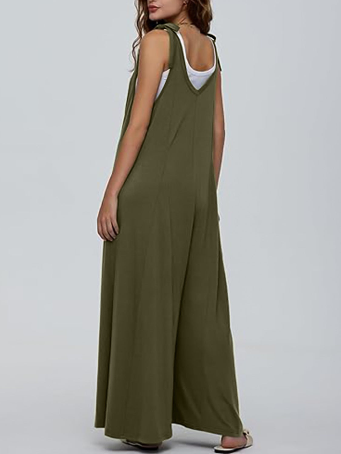 V-Neck Tie-Shoulder Wide-Leg Jumpsuit With Pockets - Army Green - (S-2XL)