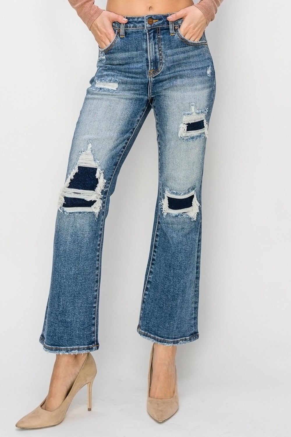 Risen High-Rise Distressed Ankle Flare Jeans - Dark Color - (0-3XL)