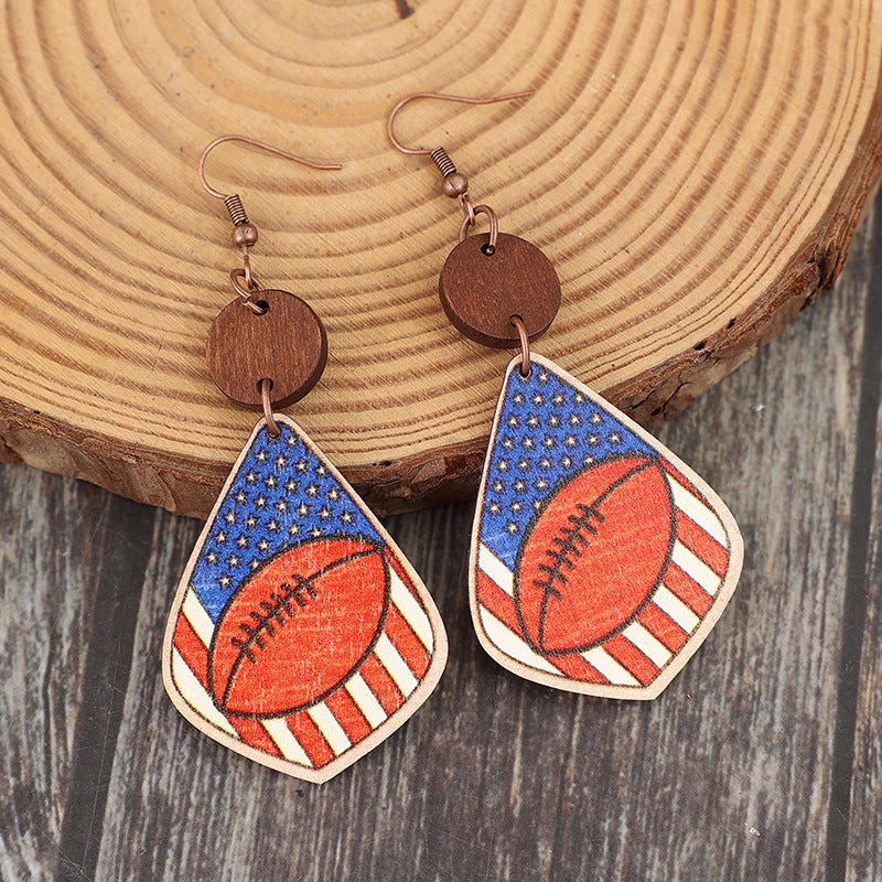 American Flag/Football Printed Wooden Dangle Earrings