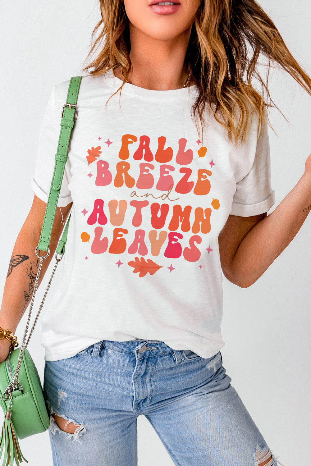 "Fall Breeze & Autumn Leaves" Graphic Round-Neck Short-Sleeve T-Shirt - White - (S-2XL)