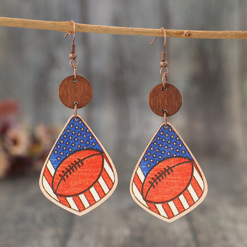 American Flag/Football Printed Wooden Dangle Earrings