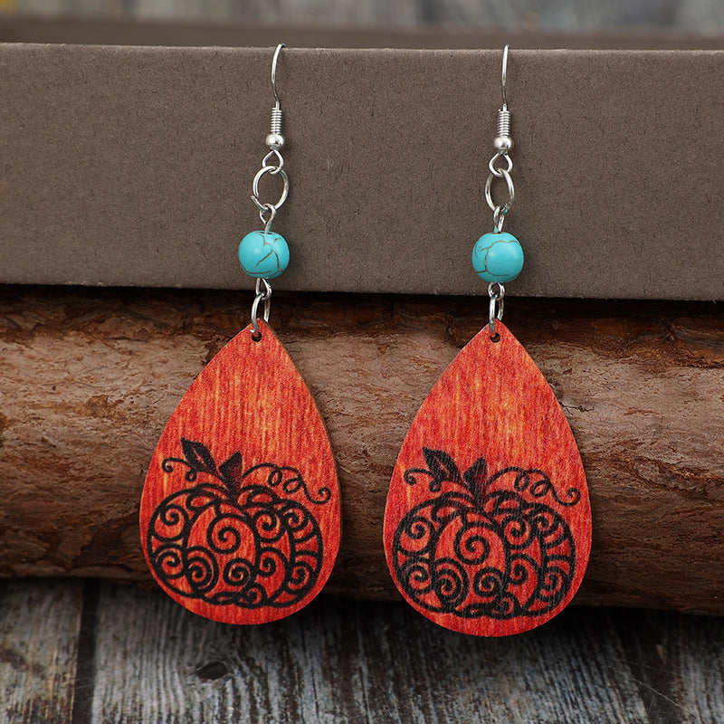 Turquoise-Stone Wooden-Pumpkin Teardrop Earrings