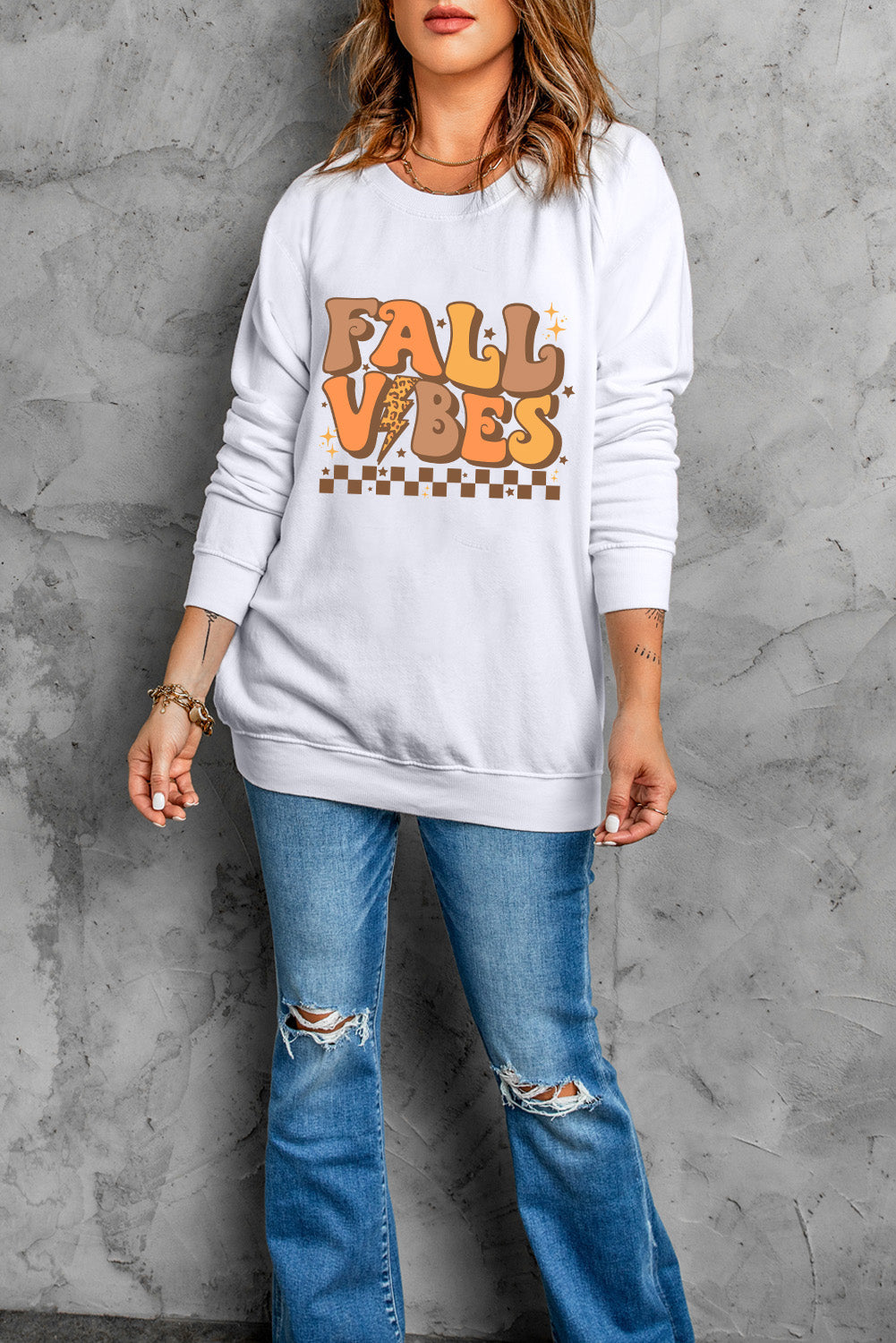 "Fall Vibes" Graphic Round-Neck Long-Sleeve Sweatshirt - White - (S-2XL)