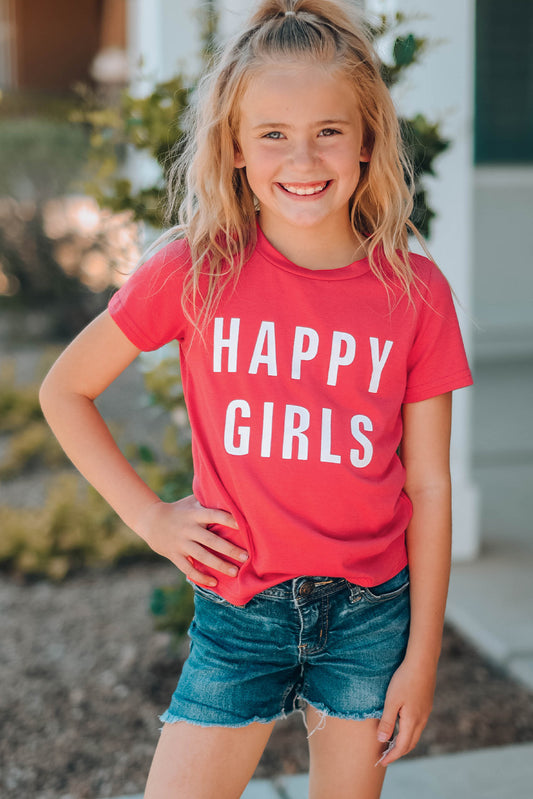 "Happy Girls" Graphic Short Sleeve T-Shirt - Salmon - (6Y-13Y)