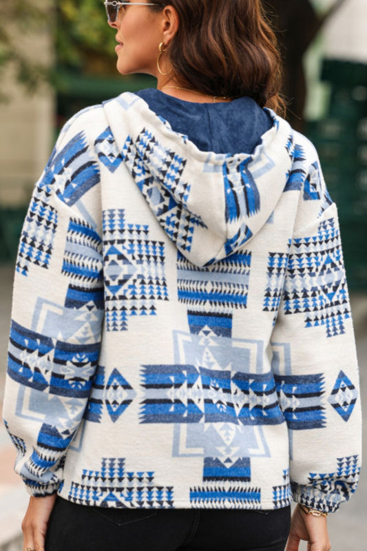 Geometric Quarter-Zip Long Sleeve Hoodie with Pockets - French Blue - (S-XL)