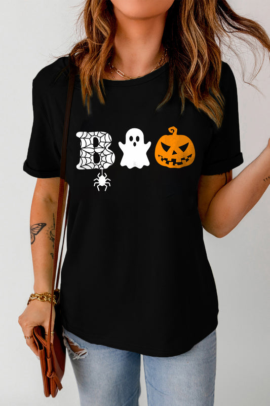 Cute "BOO" Graphic Round-Neck Short-Sleeve T-Shirt - Black - (S-XL)