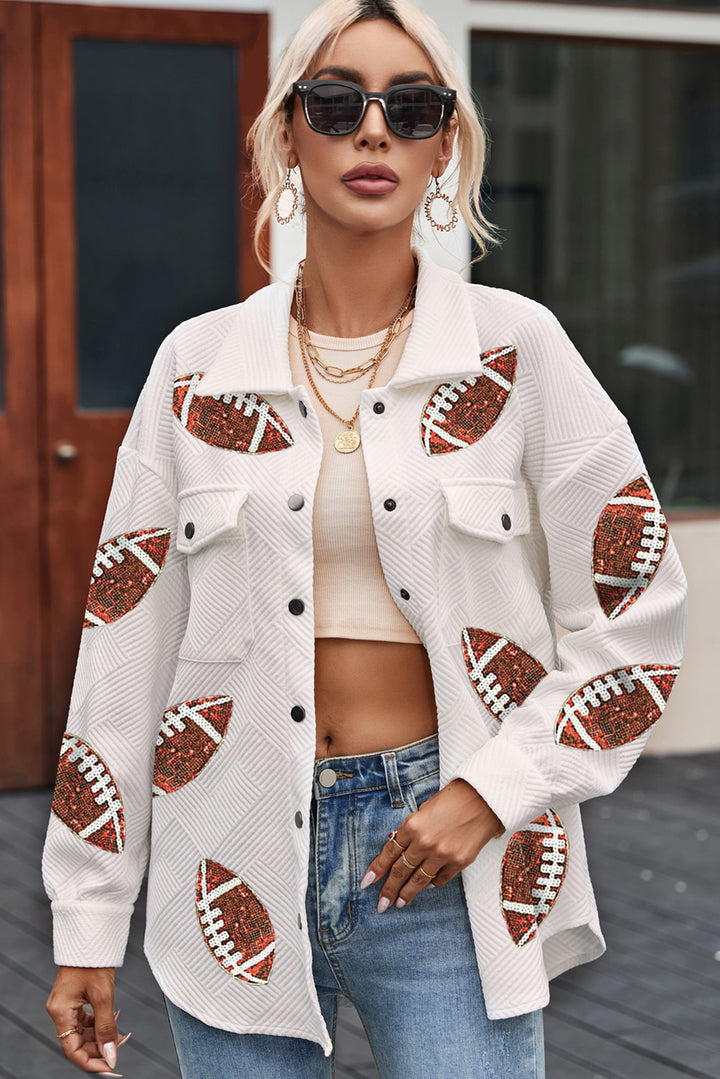 Sequined Football Patch Collared-Neck Snap-Button Jacket - White - (XL)