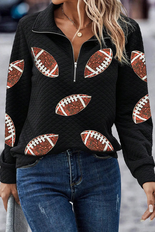Sequin Football-Detail Long-Sleeve Sweatshirt - Black - (S-XL)