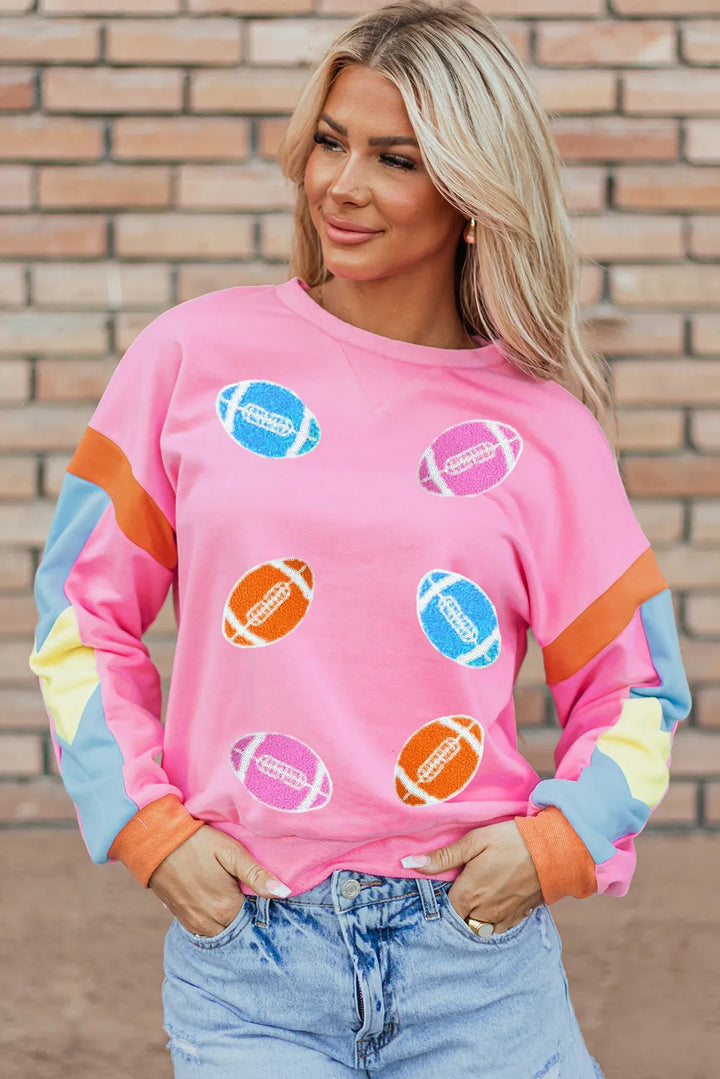 🏈💖 Contrast Football-Detail Long-Sleeve Sweatshirt – Pink - (S-XL) 💖🏈