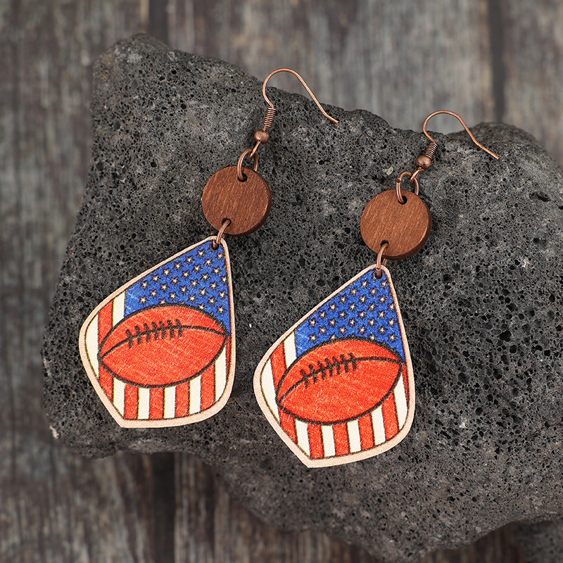 American Flag/Football Printed Wooden Dangle Earrings