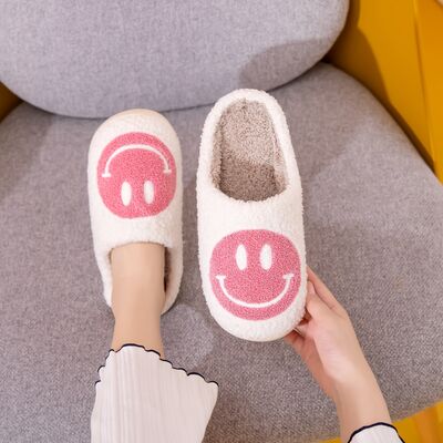 Smiley Face Cozy Slippers - White/Pink - (S-XL)